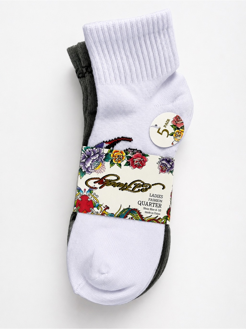 Ed Hardy Women’s 5 Pair Quarter Socks Y2K Tattoo Logo NWT